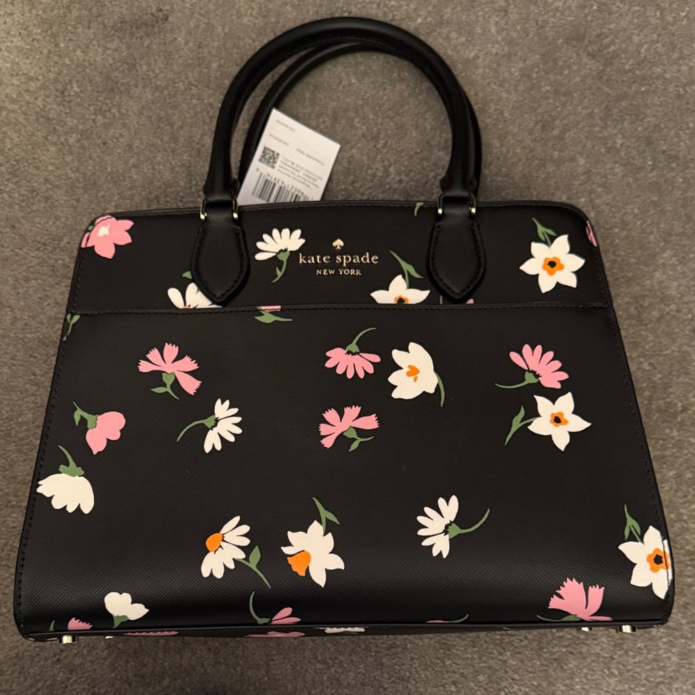 Kate Spade Black Satchel with Pink and White Floral Design